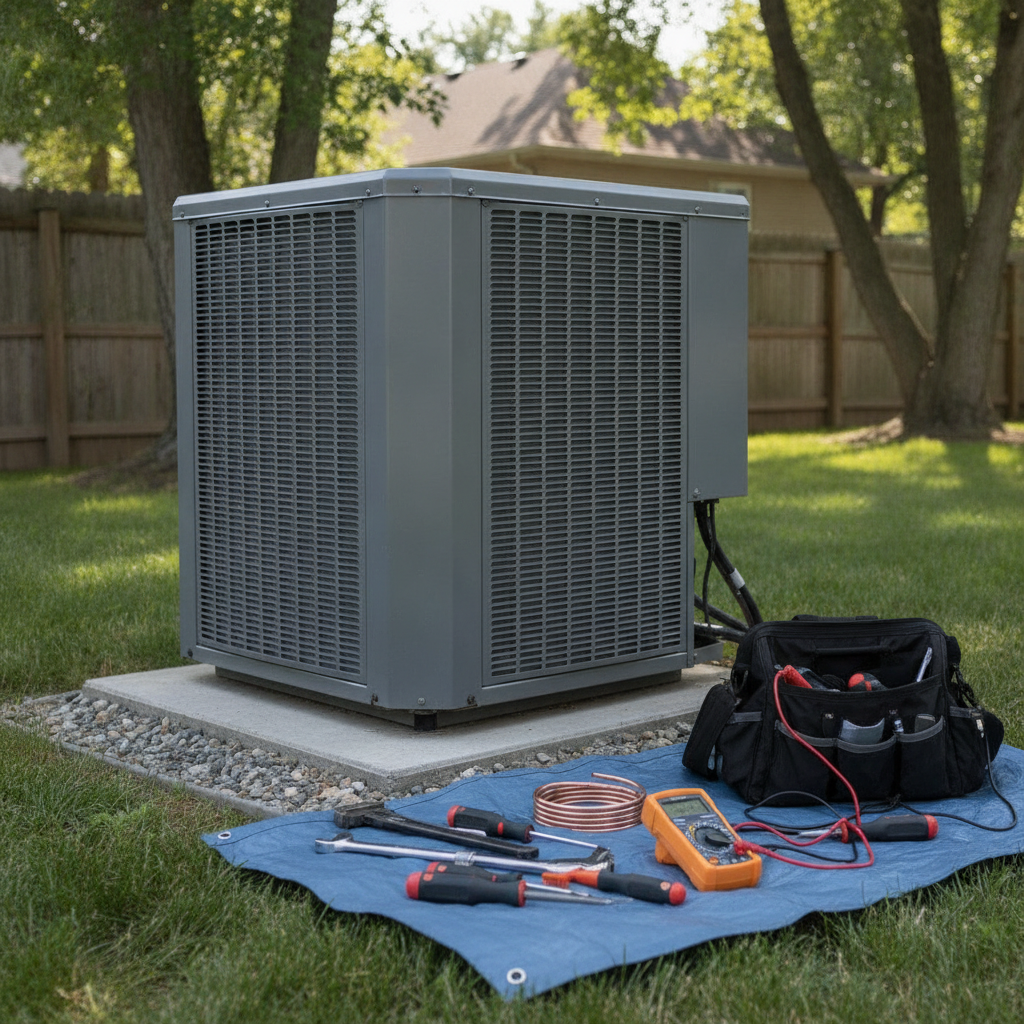 HVAC unit with tools for repair beside